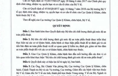 QUYẾT ĐỊNH BAN HÀNH BỘ TIÊU CHÍ CHẤT LƯỢNG ĐÁNH GIÁ MỨC ĐỘ AN TOÀN PHẪU THUẬT